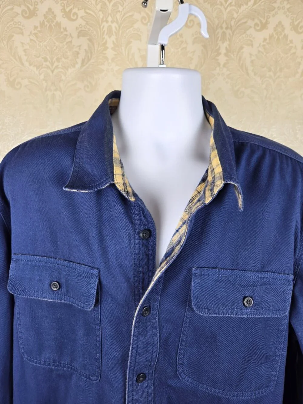 L L Bean Size L Blue Shacket 100% Cotton Traditional Fit Plaid Interior Lining